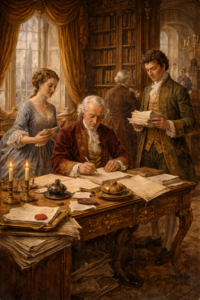 Escena de estilo rococó del siglo XVIII en la que varios hombres y una mujer, vestidos con trajes de época, gestionan cartas y documentos sobre una mesa de despacho, simbolizando la atención y comunicación institucional.