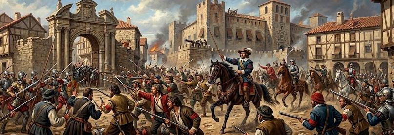 Imagen histórica alusiva al Madrid comunero (1520-1521), con iconografía urbana y simbología del alzamiento