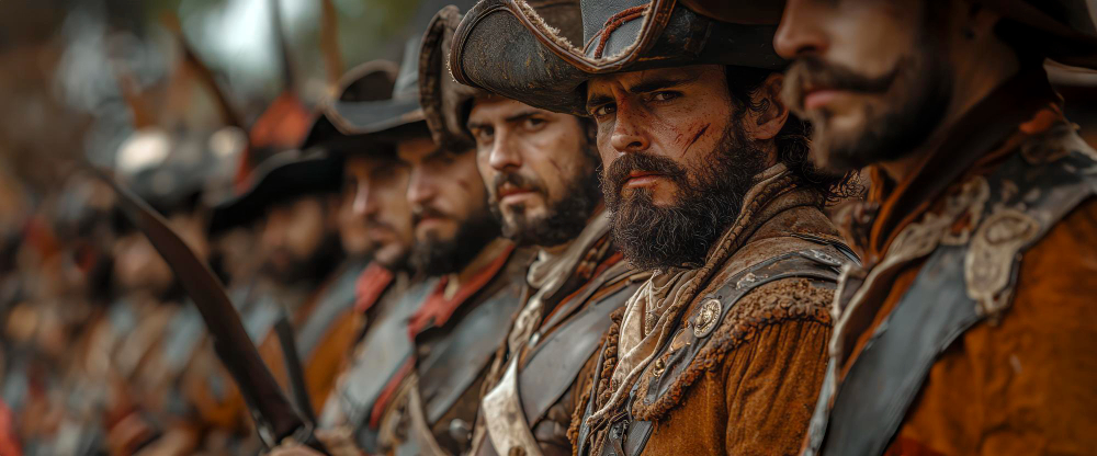 n primer plano cinematográfico de una fila de corsarios vascos con sombreros de tricornio y ropa de época desgastada, listos para la batalla. El corsario del centro tiene cicatrices faciales notables y una expresión seria y decidida.