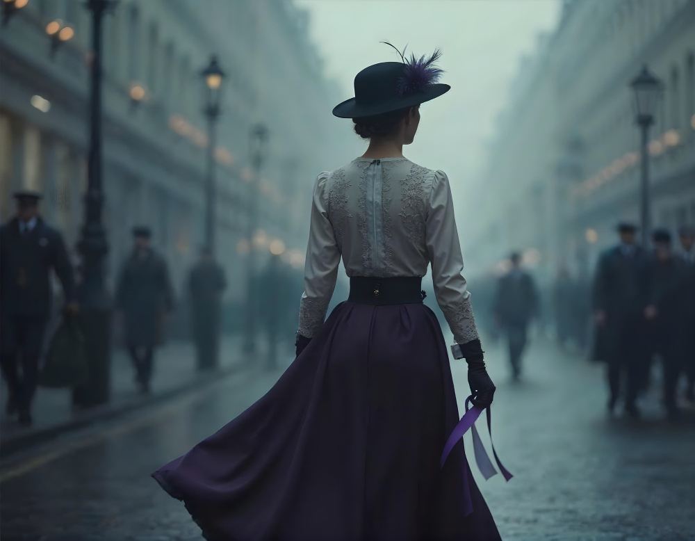 Mujer recorriendo las calles con un lazo morado en la mano