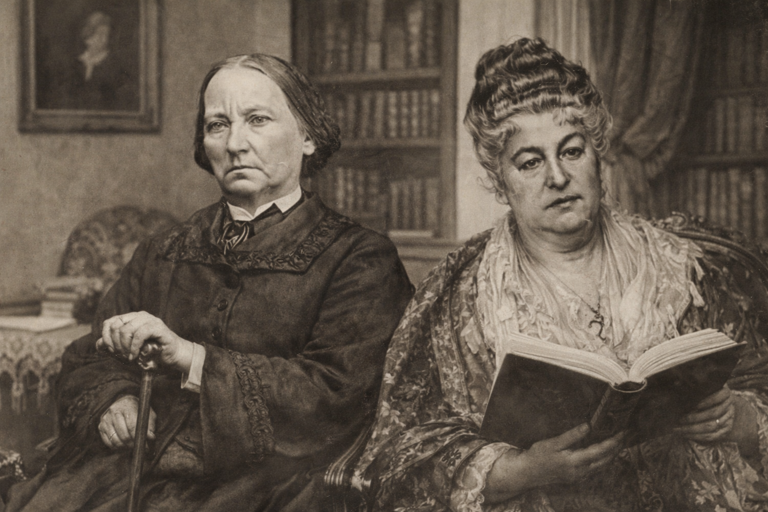 Imagen histórica de Concepción Arenal y Emilia Pardo Bazán contextualizada en una escena del siglo XIX.