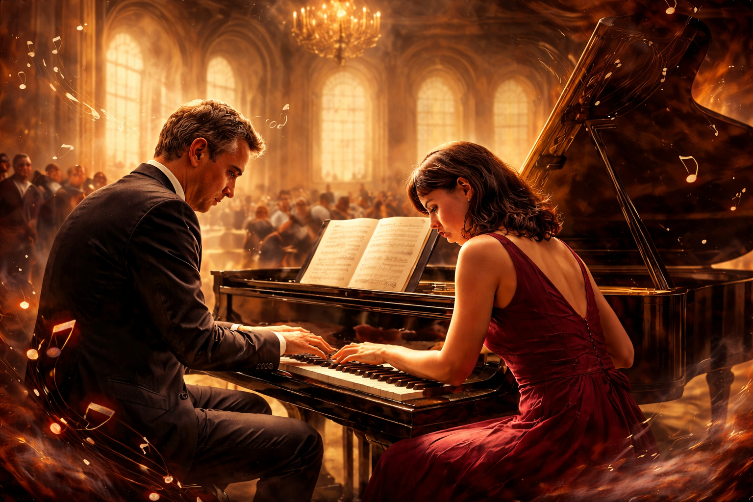 Recital de piano a cuatro manos en una sala de conciertos histórica, con dos pianistas interpretando música clásica en un gran piano ante el público, evocando el repertorio de Maurice Ravel y la música europea del siglo XX.