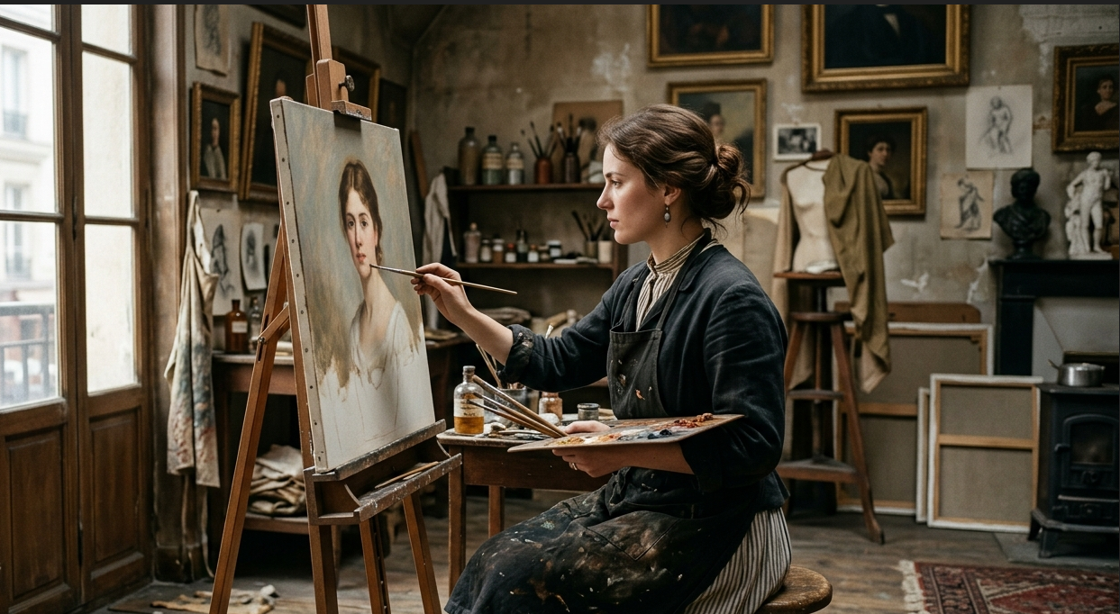 Retrato de una pintora profesional del siglo XIX trabajando concentrada en su caballete. La imagen muestra a la mujer en el arte como creadora, no solo como modelo, en un estudio lleno de herramientas clásicas