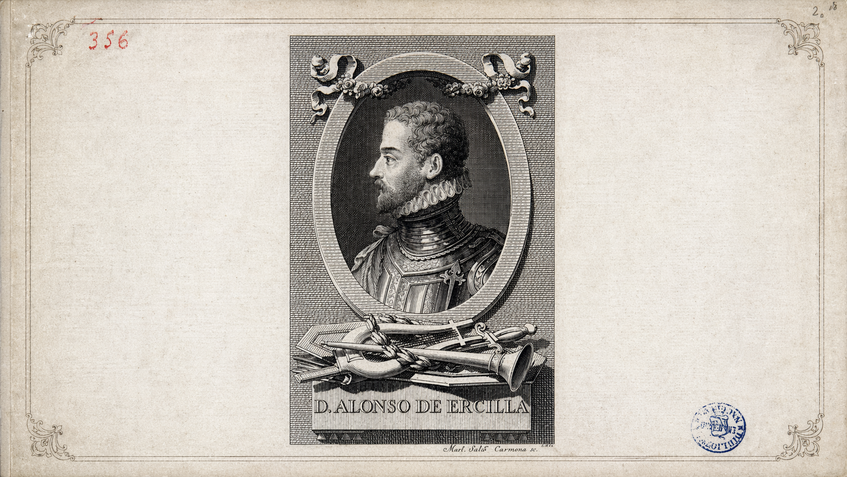 Grabado histórico de Alonso de Ercilla en perfil con armadura, adaptado a formato horizontal sobre papel envejecido.