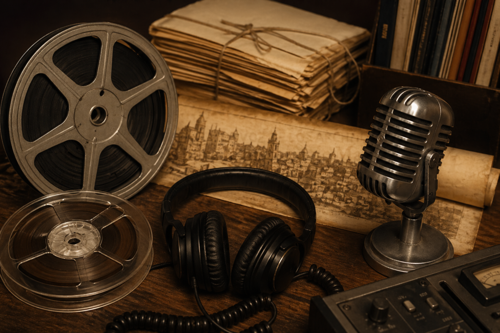 Archivo sonoro histórico con micrófono, cintas y documentos