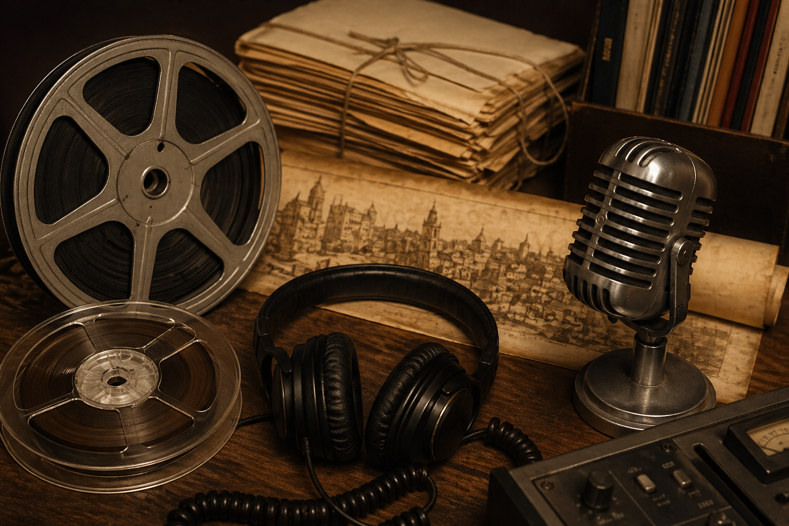 Archivo sonoro histórico con micrófono, cintas y documentos