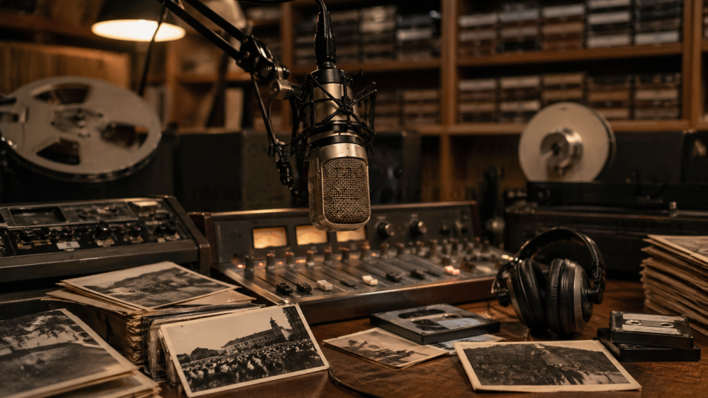 Estudio de radio antiguo con micrófono y material de archivo