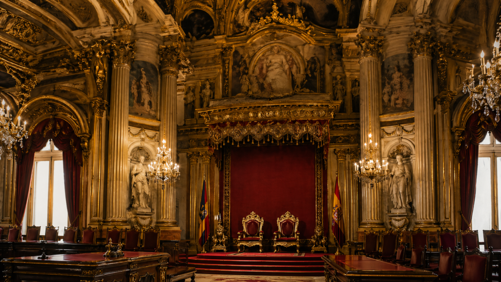 Interior de palacio nobiliario del siglo XIX con tronos y decoración ceremonial