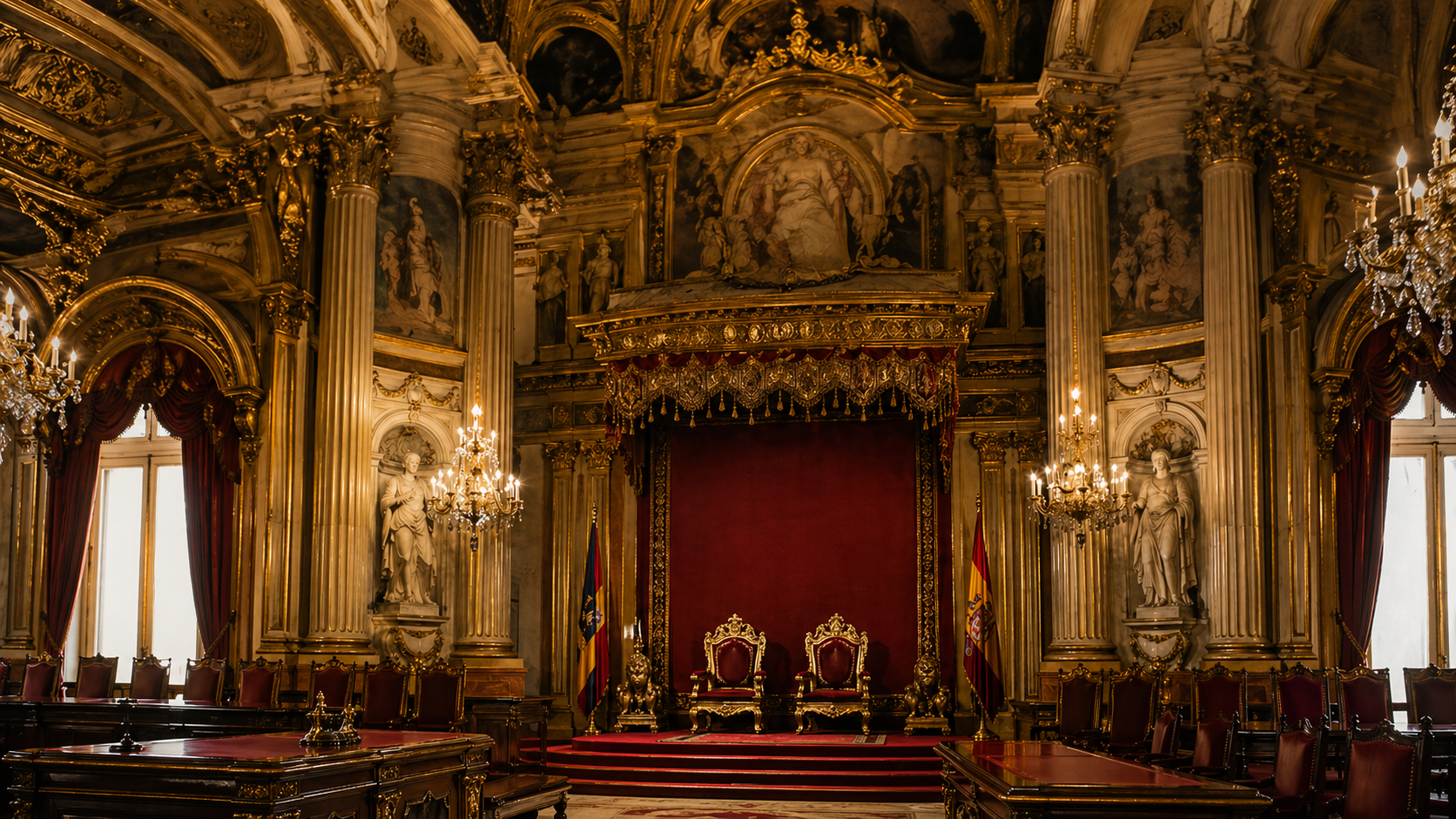 Interior de palacio nobiliario del siglo XIX con tronos y decoración ceremonial