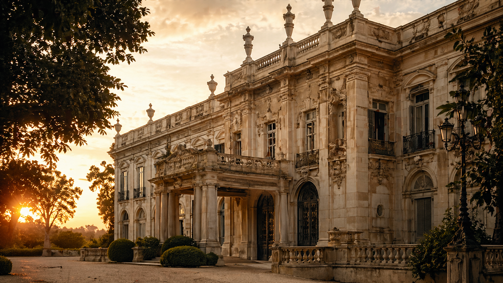 Fachada de palacio histórico neoclásico iluminada por la luz del atardecer