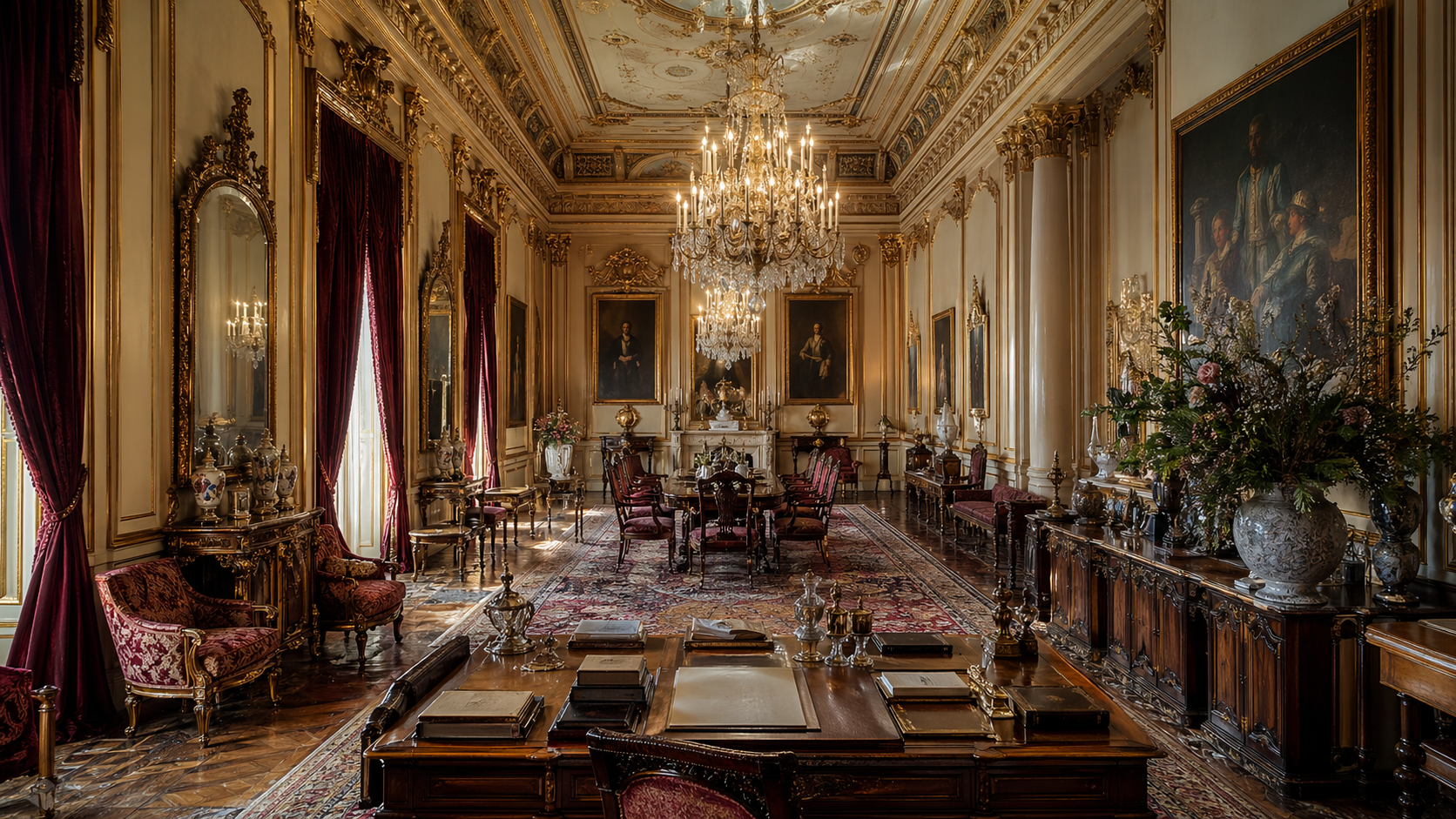 Salón histórico de palacio nobiliario con decoración ceremonial y mobiliario clásico