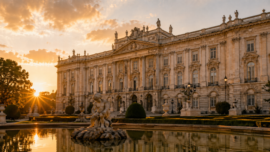 Palacio neoclásico con jardines y estanque al atardecer