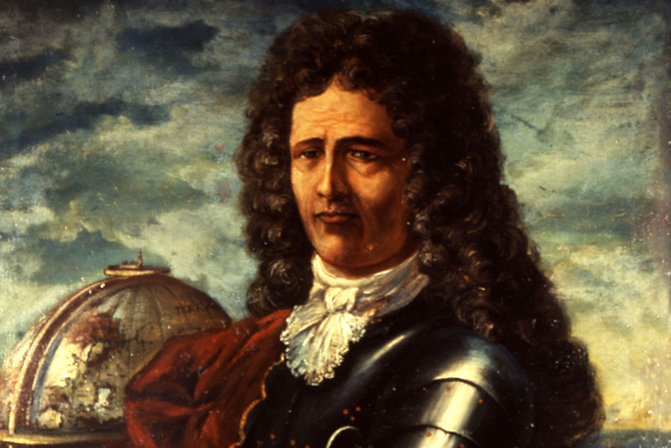 Retrato histórico con armadura y globo terráqueo