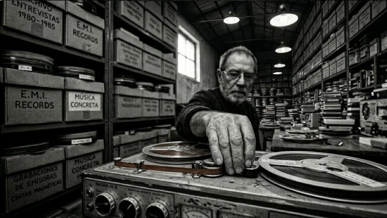 Hombre mayor ajustando un magnetófono Nagra en un gran archivo de radio con estanterías llenas de cintas magnéticas.