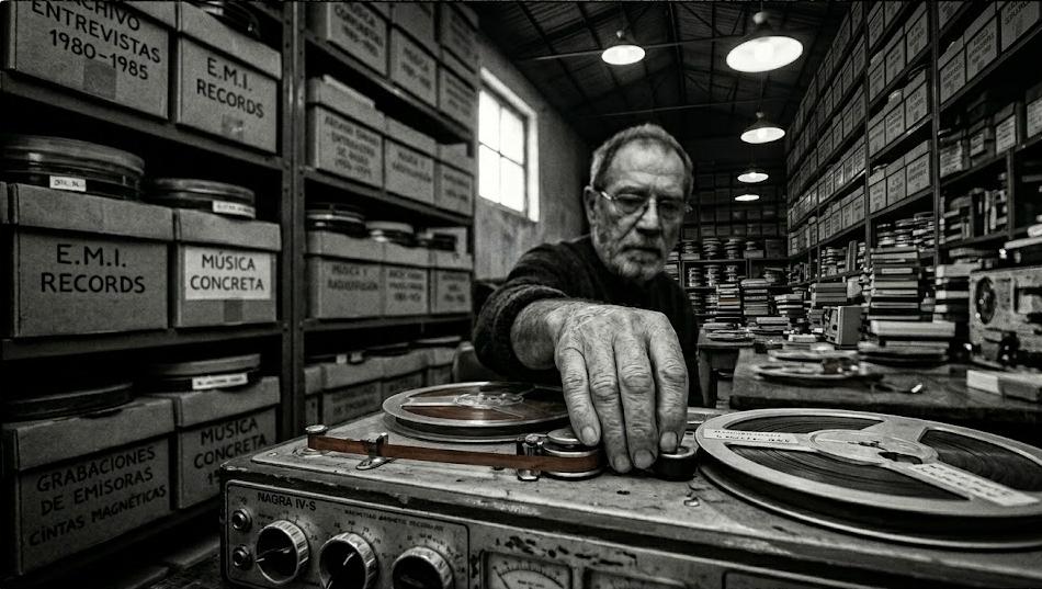 Hombre mayor ajustando un magnetófono Nagra en un gran archivo de radio con estanterías llenas de cintas magnéticas.