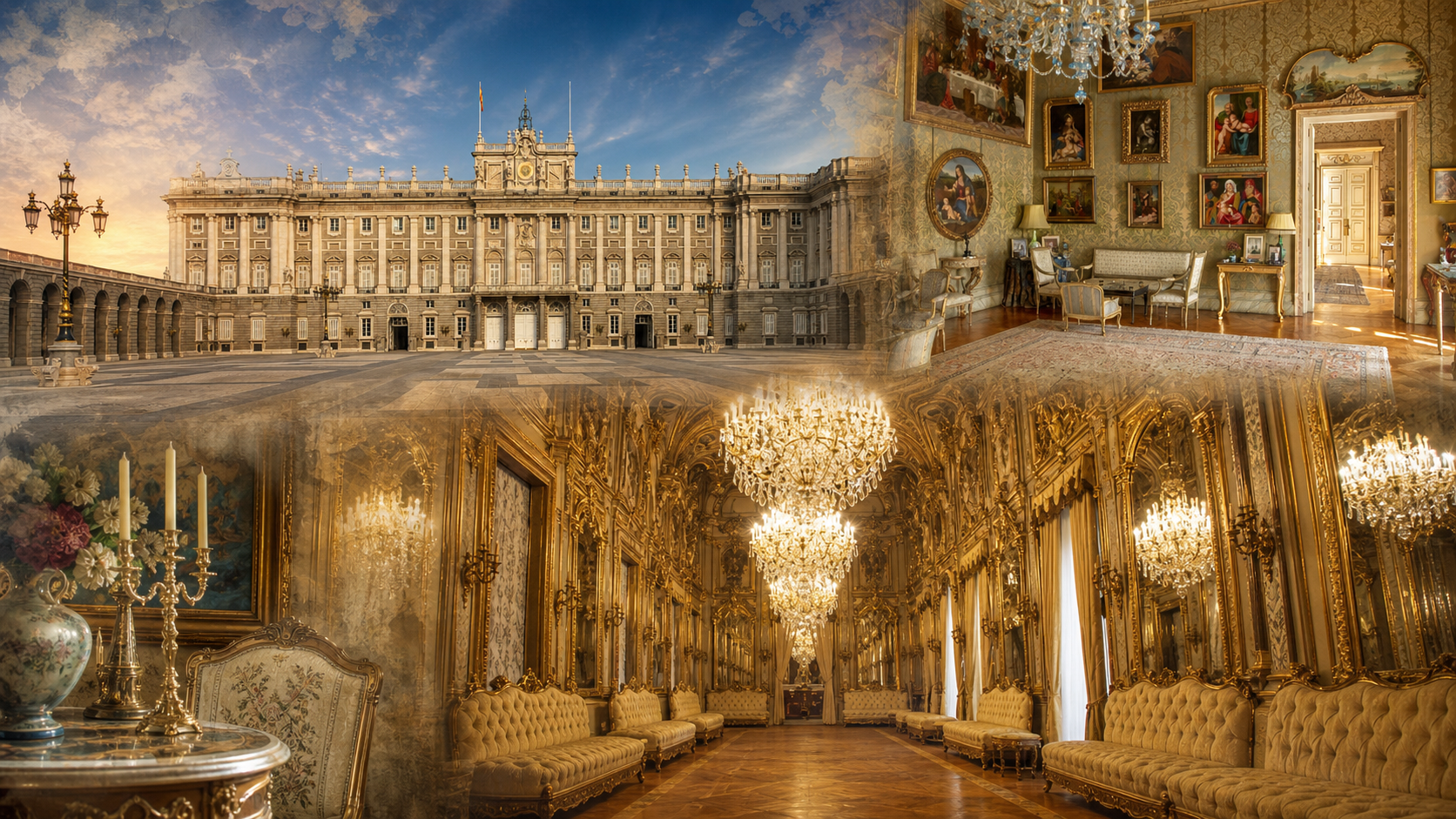 Collage horizontal con el Palacio Real de Madrid y salones palaciegos decorados con lámparas de araña, cuadros, espejos y mobiliario clásico.