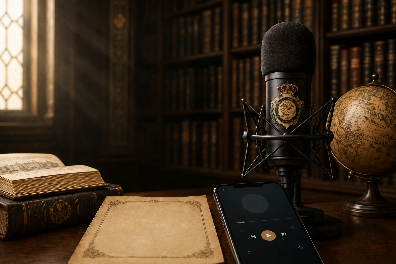 Podcast de la Real Sociedad Económica Matritense en Spotify con micrófono, libros antiguos y biblioteca histórica.