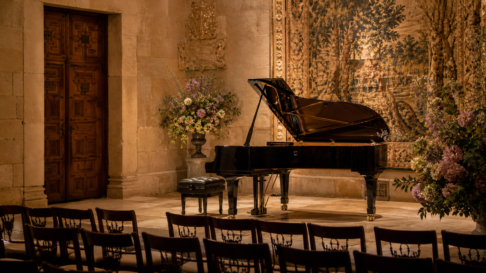 Piano de cola en una sala histórica de piedra preparada para un recital lírico, con sillas vacías, flores primaverales y luz cálida.