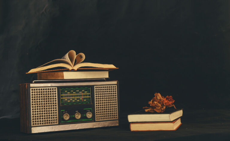 Libros en forma de corazón colocados en receptores de radio retro con flores seca