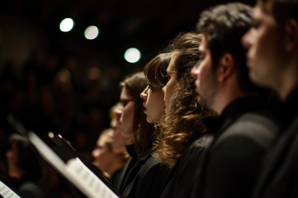Integrantes de un coro interpretando una obra musical durante un concierto.