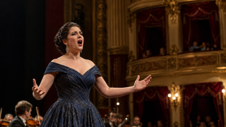 Soprano cantando en un teatro histórico.
