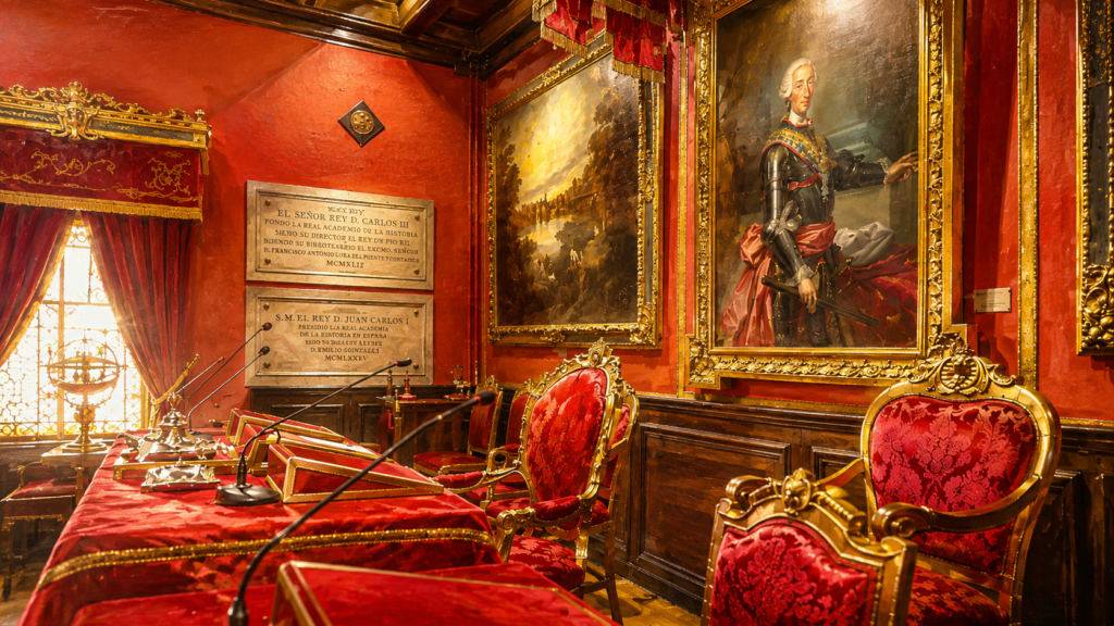 Sala histórica de la Matritense con retratos, mobiliario rojo y decoración dorada.