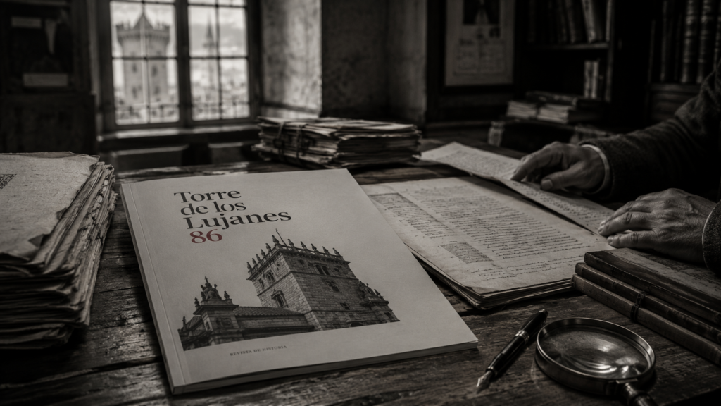 Revista Torre de los Lujanes nº 86 en una mesa de archivo histórico.