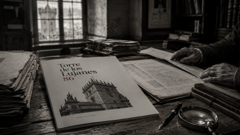 Revista Torre de los Lujanes nº 86 en una mesa de archivo histórico.