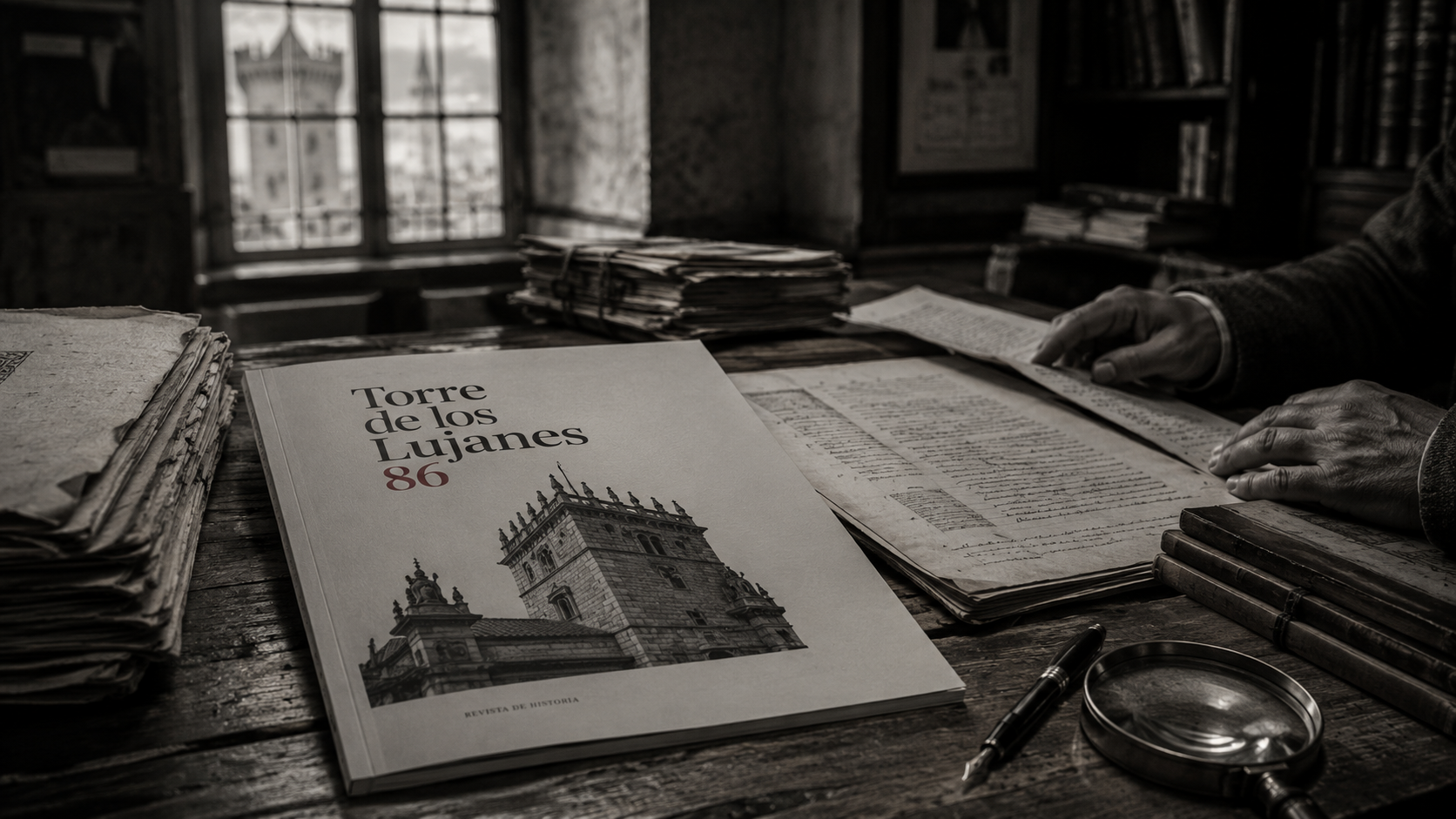 Revista Torre de los Lujanes nº 86 en una mesa de archivo histórico.