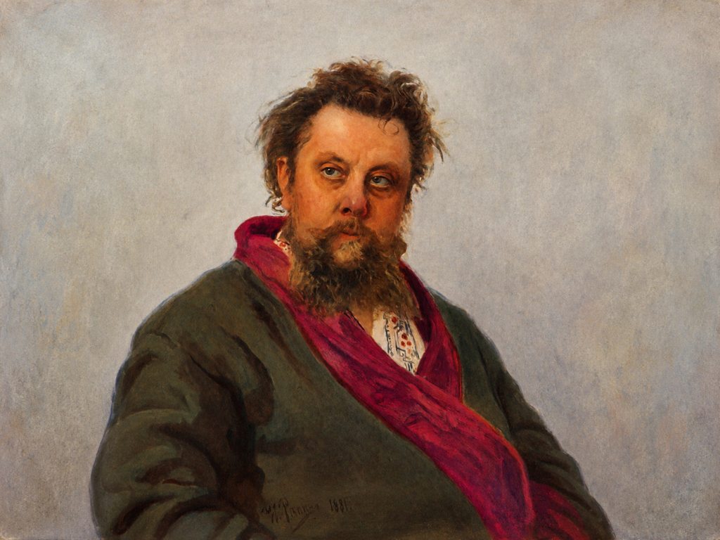 Retrato pictórico de un hombre barbudo con bufanda granate sobre fondo neutro.