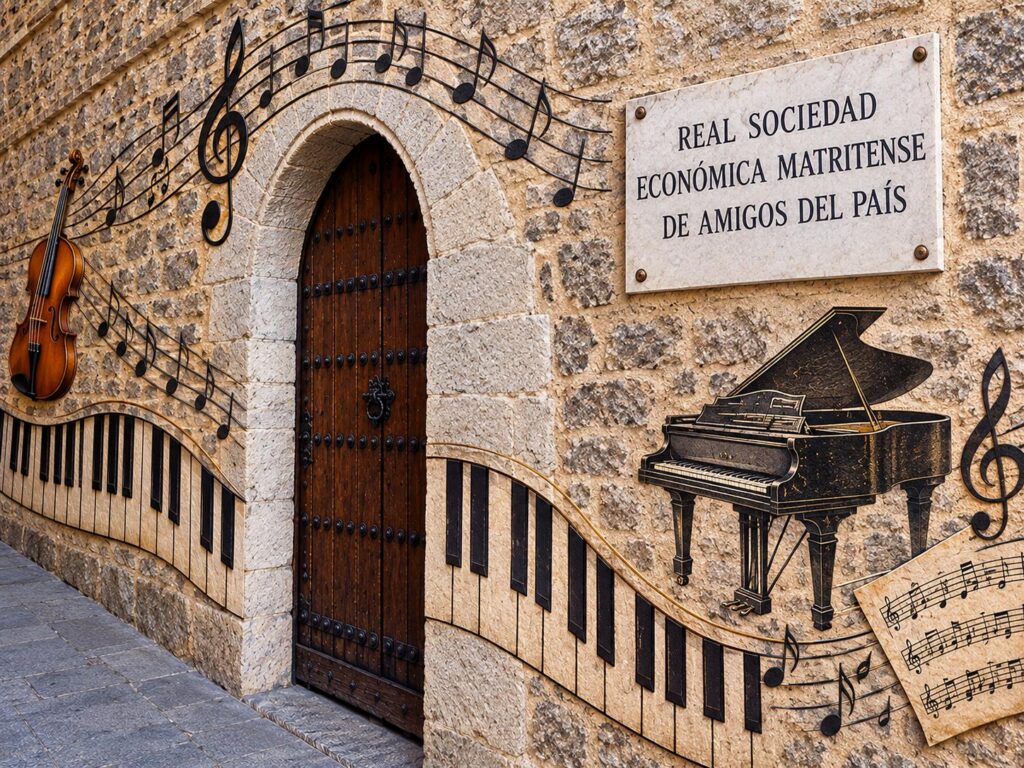 Música en la Real Sociedad Económica Matritense, con piano, violín y pentagramas.