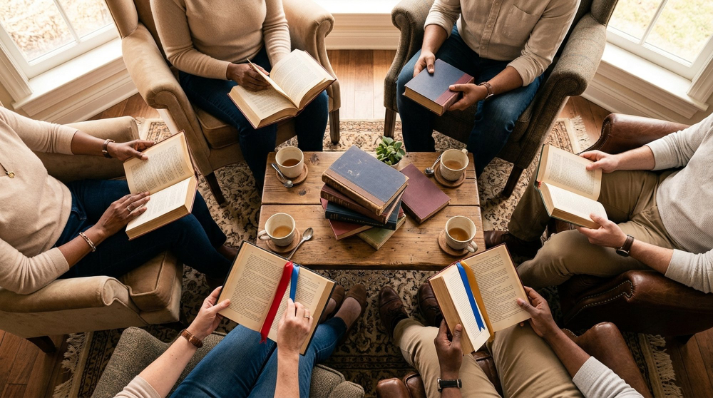 Personas reunidas en torno a libros durante una actividad de lectura.