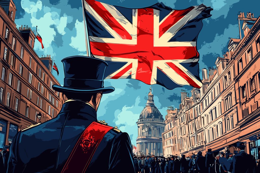 Ilustración de un caballero con chistera ante una gran bandera británica.