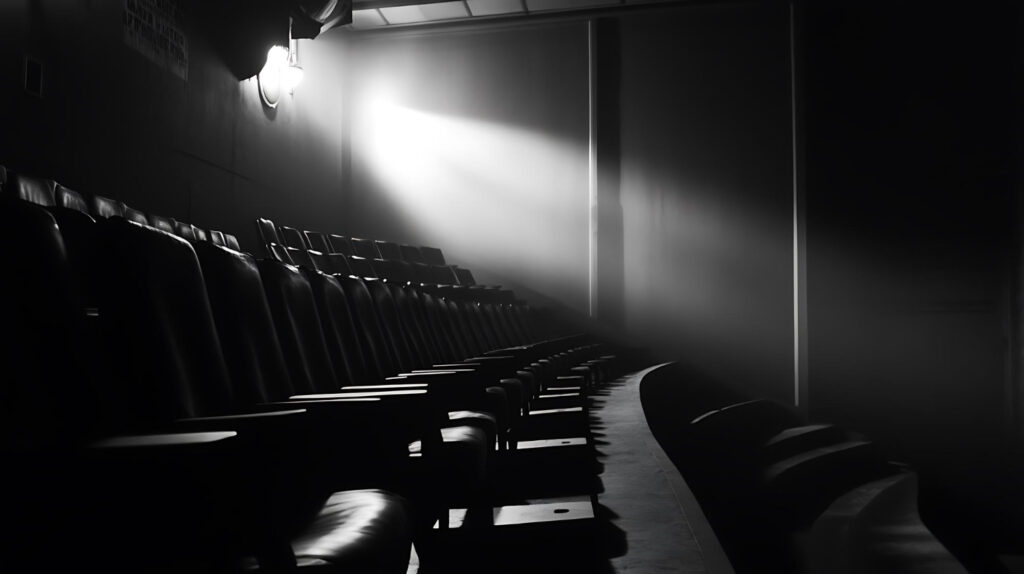 Filas de butacas vacías en un auditorio, iluminadas por un haz de luz.