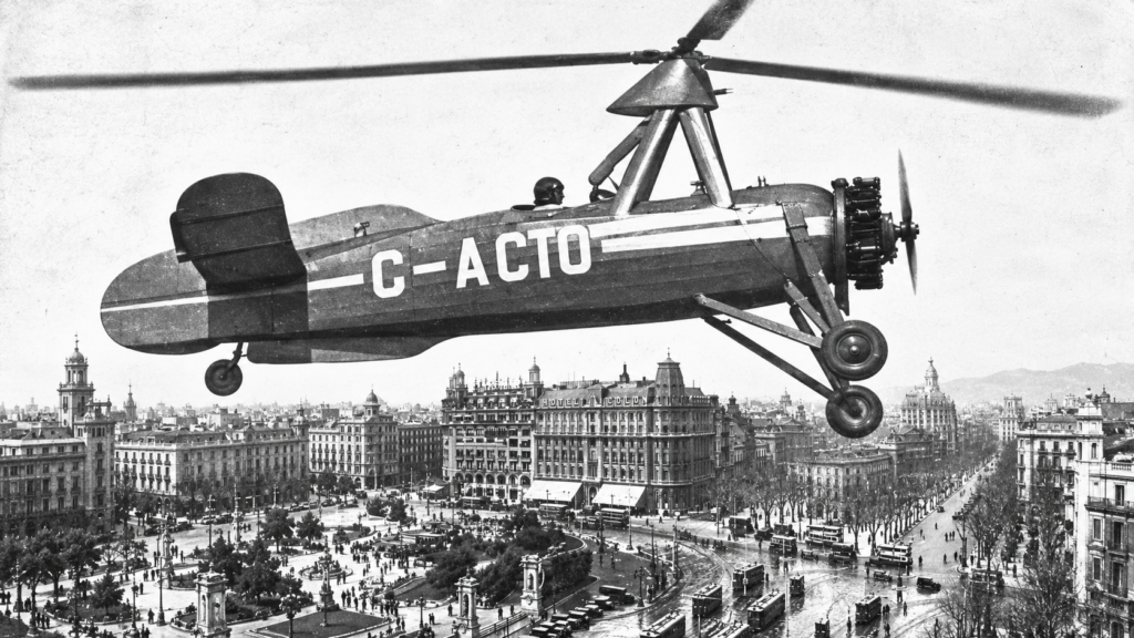 Recreación con IA de un autogiro de La Cierva sobre la plaza de Cataluña de Barcelona.