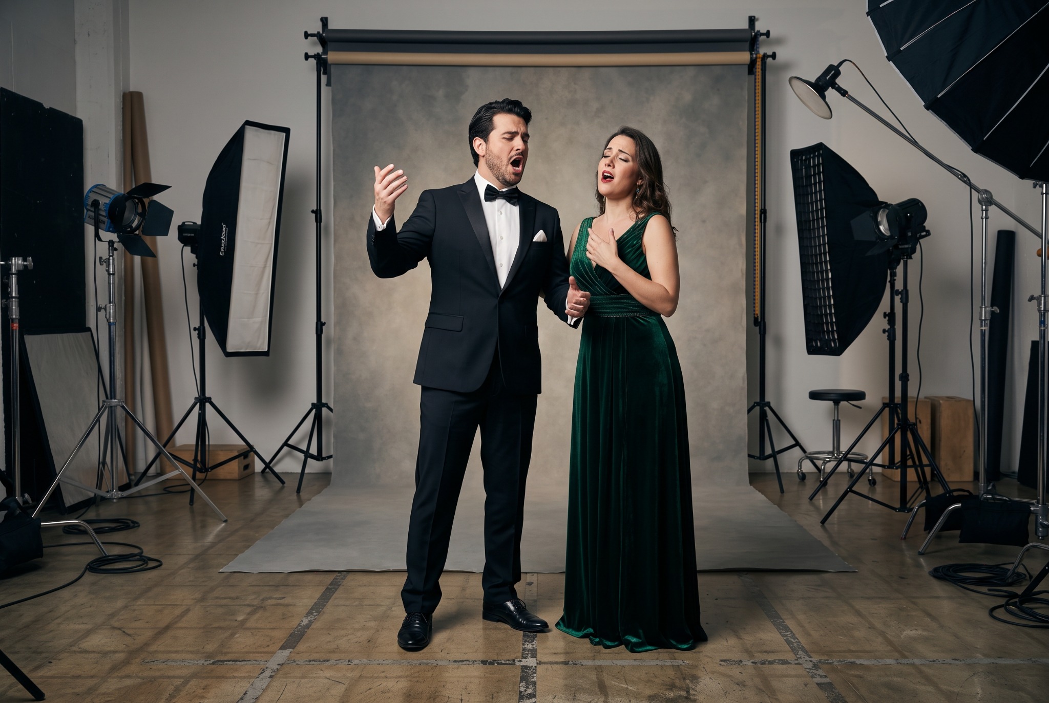 Imagen ilustrativa generada con IA: dos cantantes de ópera en un estudio con equipos de iluminación; no son los intérpretes del recital