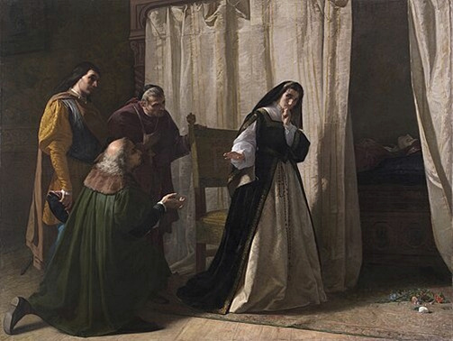 Juana de Castilla junto a un lecho con dosel, acompañada por tres personas en una pintura histórica.