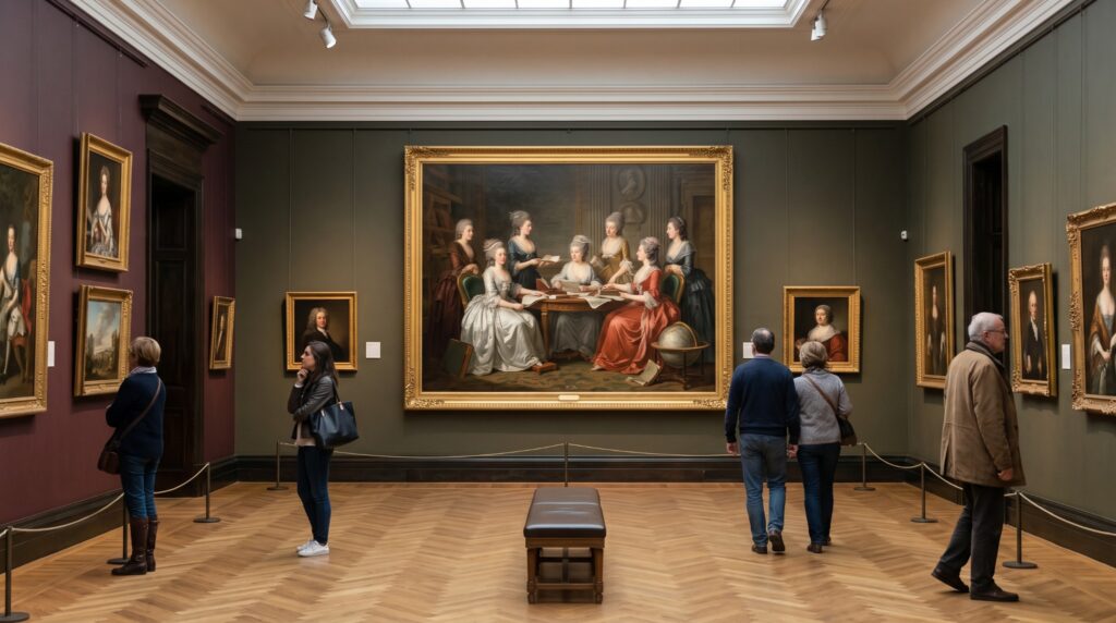 Visitantes recorren una sala de museo con retratos históricos y un gran cuadro de mujeres reunidas alrededor de una mesa.