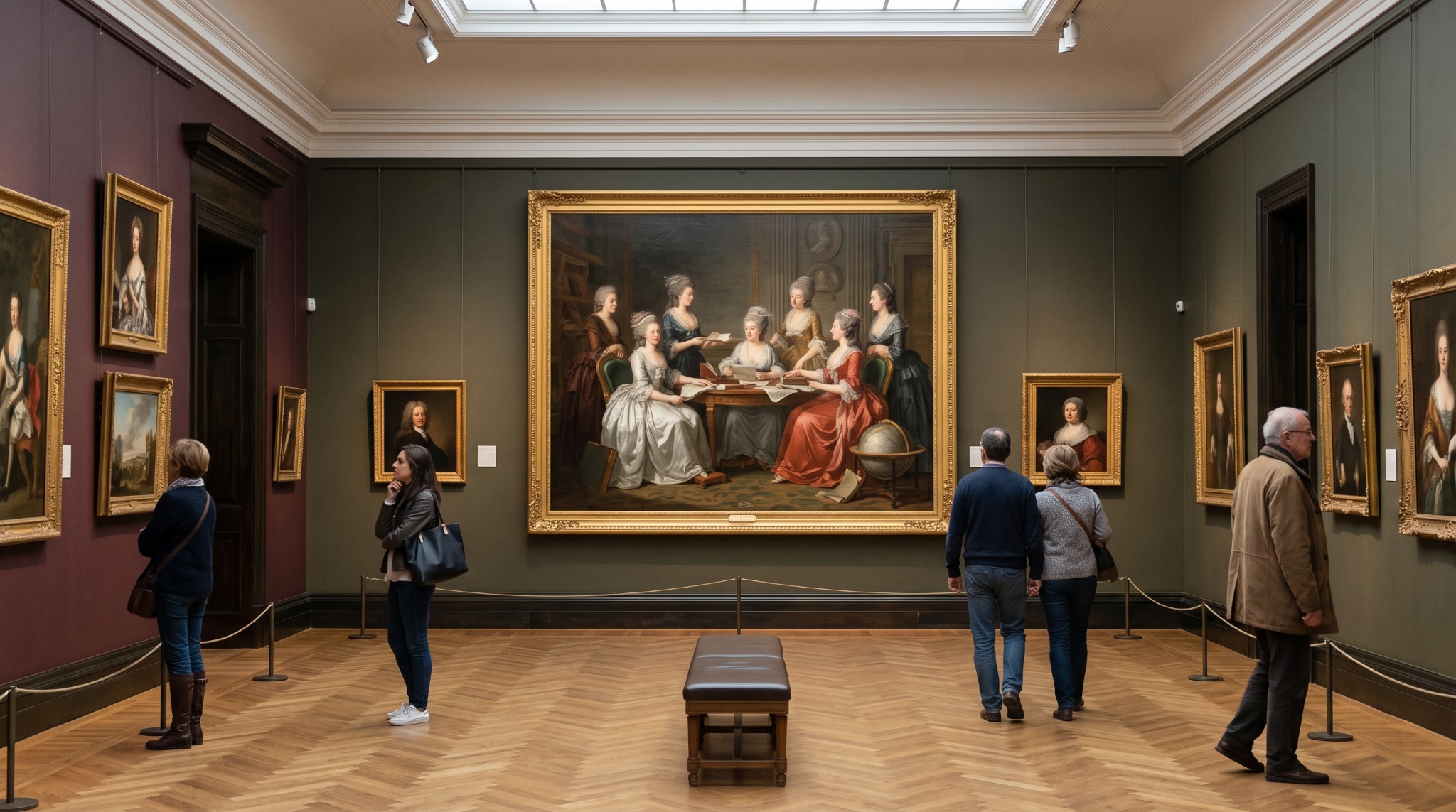 Visitantes recorren una sala de museo con retratos históricos y un gran cuadro de mujeres reunidas alrededor de una mesa.